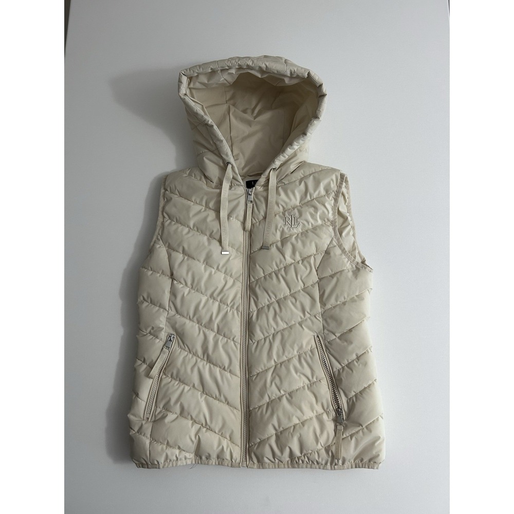Lauren Ralph Lauren Women's Hooded Stretch Puffer Vest Birch Tan Size Medium